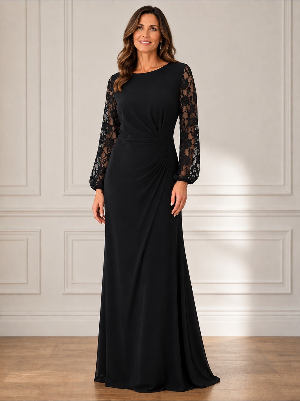 Elegant Navy Long Dress with Lace Sleeves